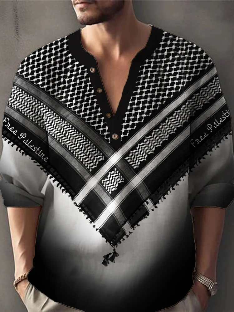Men's Free Palestine Shemagh Scarf Inspired Linen Blend Henley Shirt