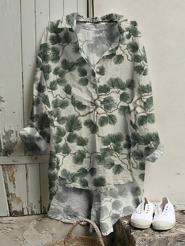 Pine Japanese Art Print Long Sleeve Casual Shirt