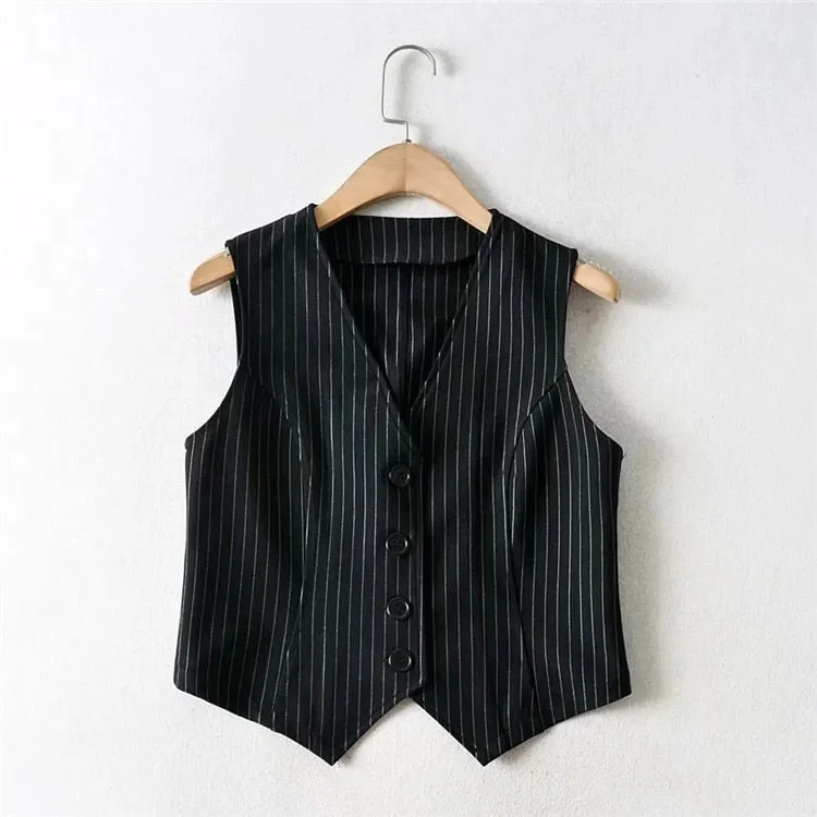 Women's Vest Blazers Striped Crop Tops and Blouses Single Breasted Sleeveless Femme Tanks Vintage Slim V neck Fashion Spring trf