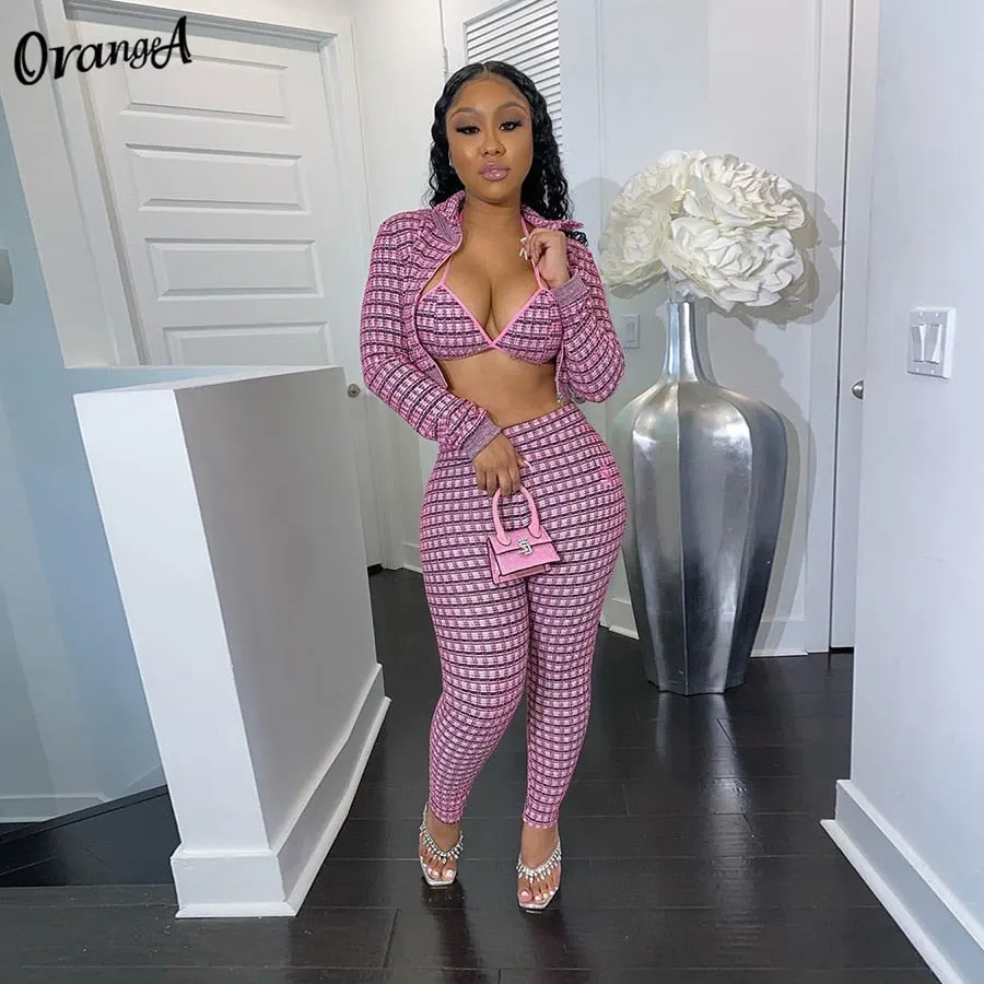 OrangeA Summer Women Plaid Print 3 Piece Set Coat+Bra+ Sporty Leggings Matching Set Stretchy Activewear Skinny Birthday Outfits
