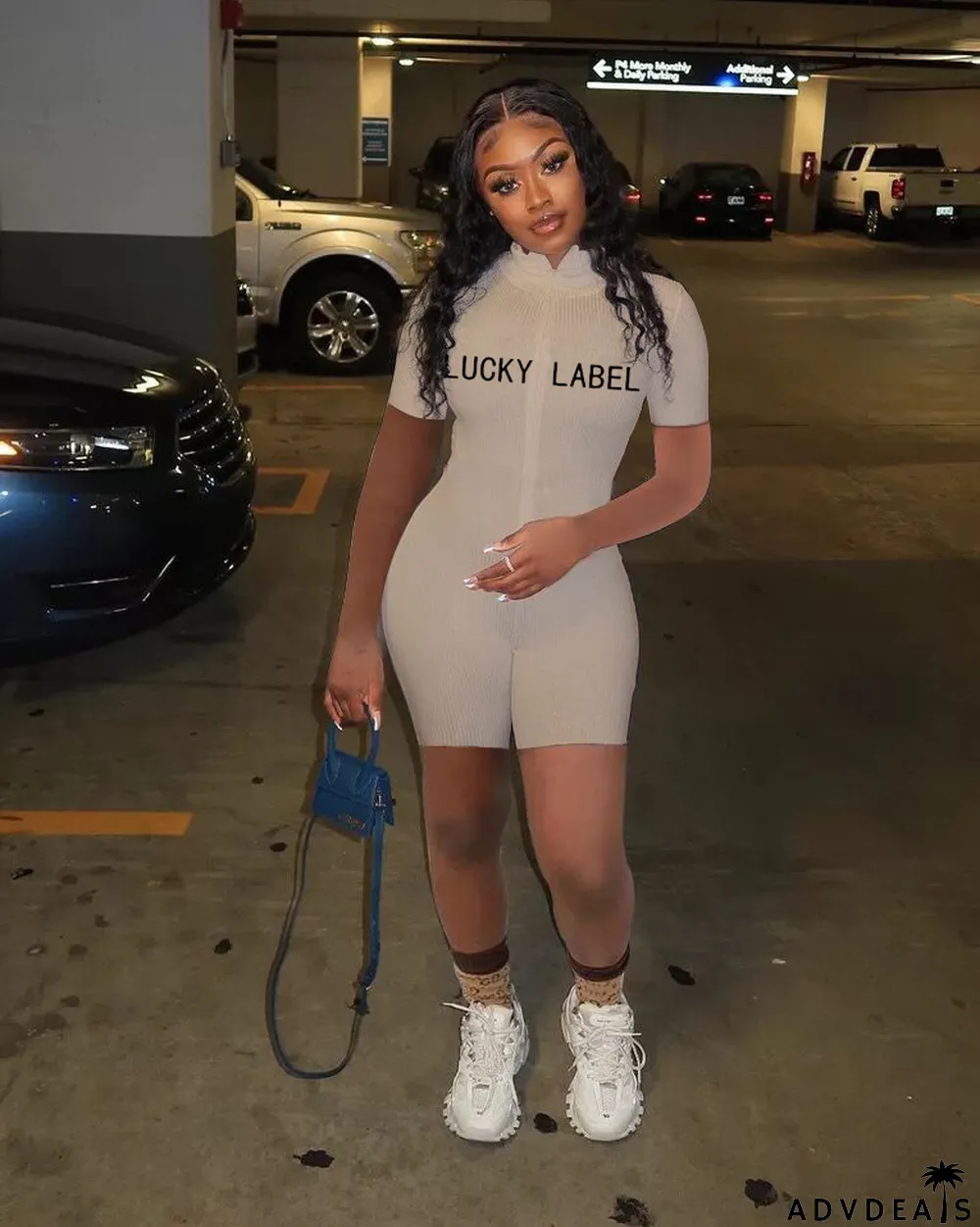 Turtleneck Threaded Letter Zipper Jumpsuit