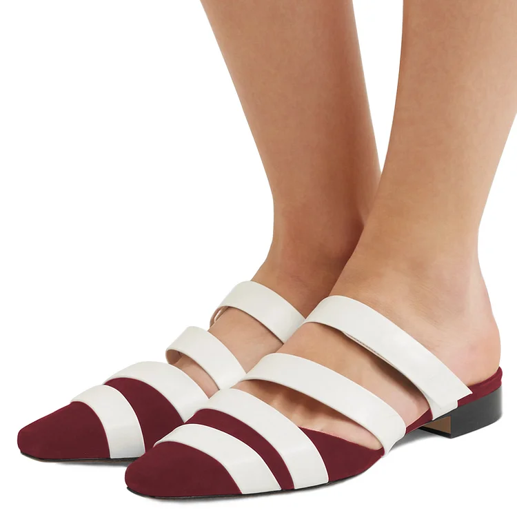 Women's White and Maroon Comfortable Flats Strappy Mule Sandals |FSJ Shoes