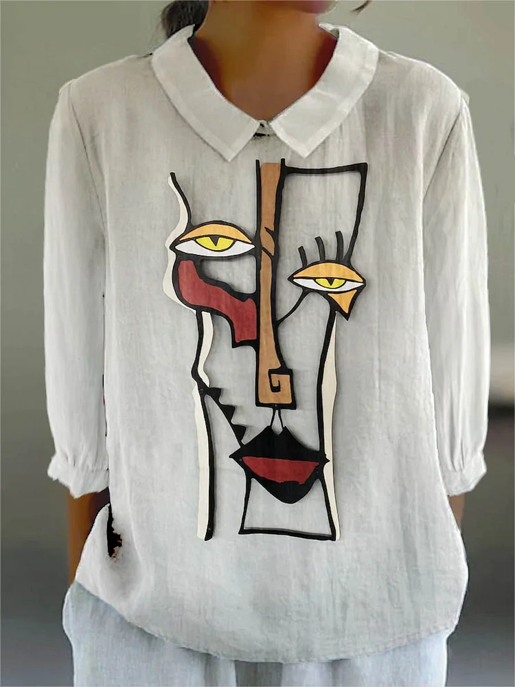 Womens Artistic Abstract Face Pattern Casual Cotton And Linen Top