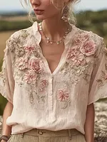 Bohemian Retro Pink Floral Pattern Women's Short-sleeve Shirt