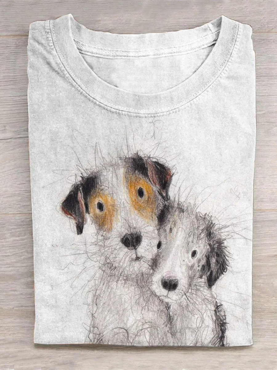 Funny Cute Dog Portrait Art Pattern Print Casual T-Shirt