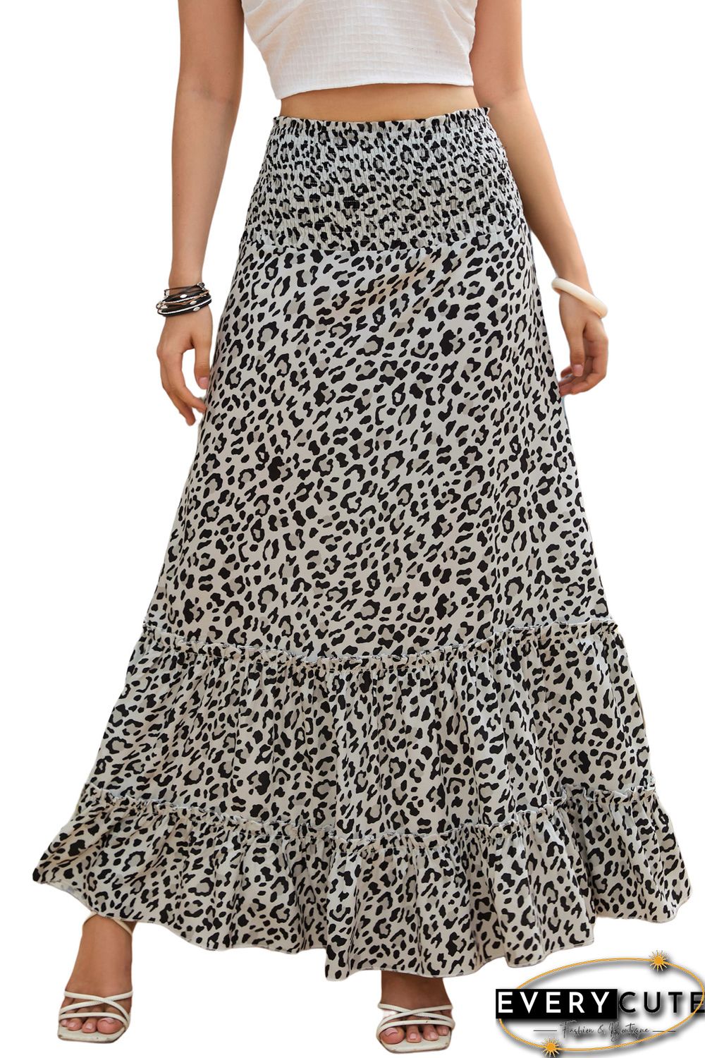 Leopard Embellished High Waist Frill Tiered Maxi Skirt