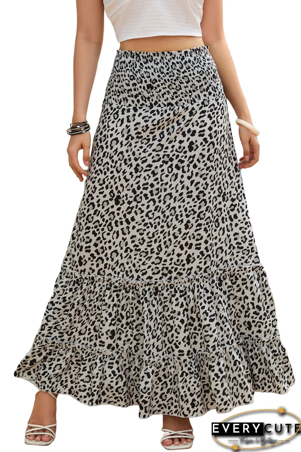 Leopard Embellished High Waist Frill Tiered Maxi Skirt