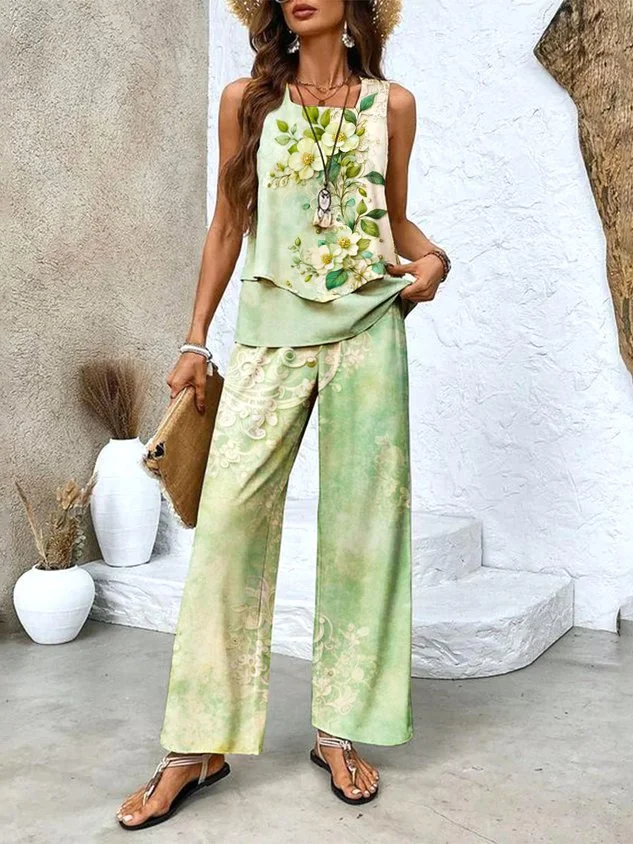 Women Floral Crew Neck Sleeveless Comfy Casual Two-Piece Set