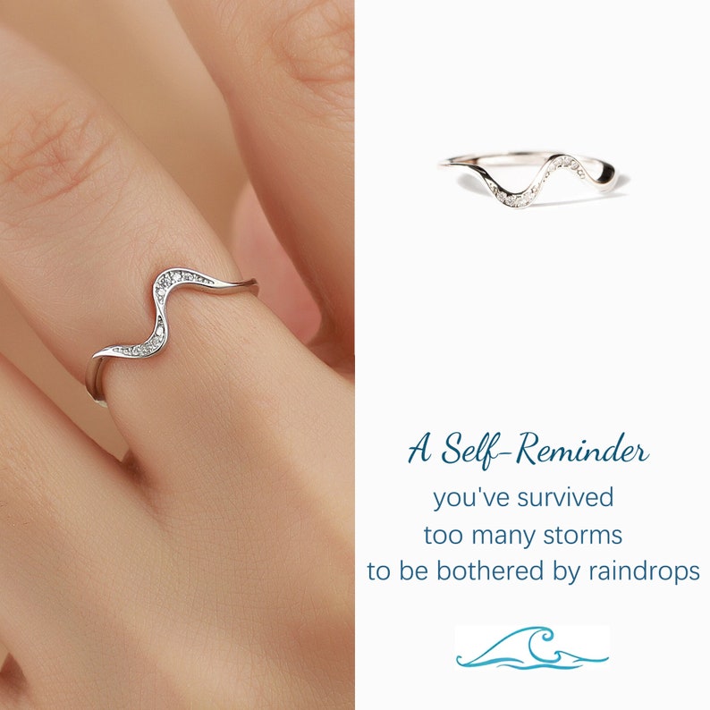 A Self-Reminder Wave Ring,You're Survived Too Many Storms To Be Bothered By Raindrops,Inspirational S925 Silver Wave Ring,Gift for Her image 1