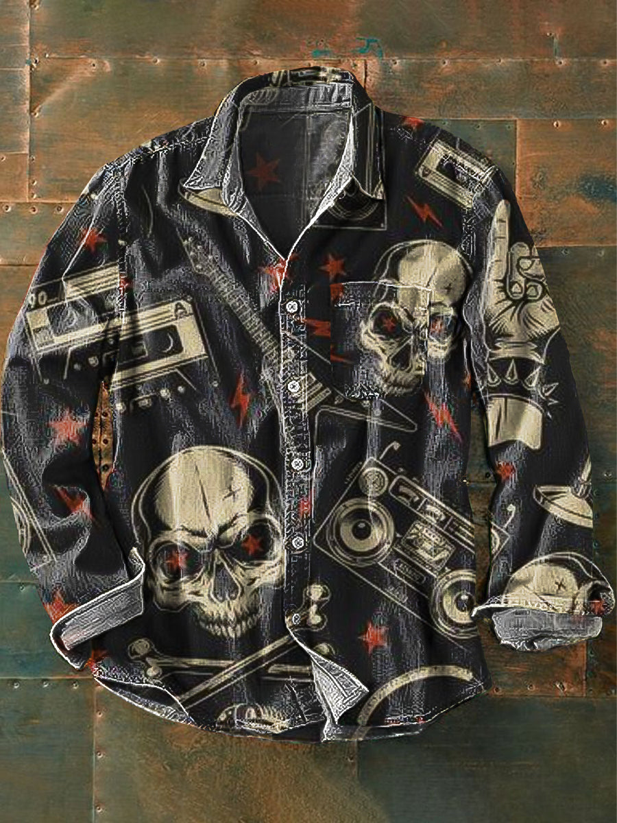 Men's Vintage Rock Skull Art Print Long Sleeve Pocket Shirt