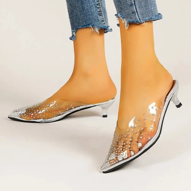 Escarpins à bout pointu en strass argent avec talons aiguilles Flusfy