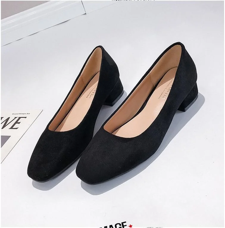 Lourdasprec Women Square Toe Low Chunky Heel Work Shoes Slip On Lady Office Casual Daily Shoes 3.5 cm