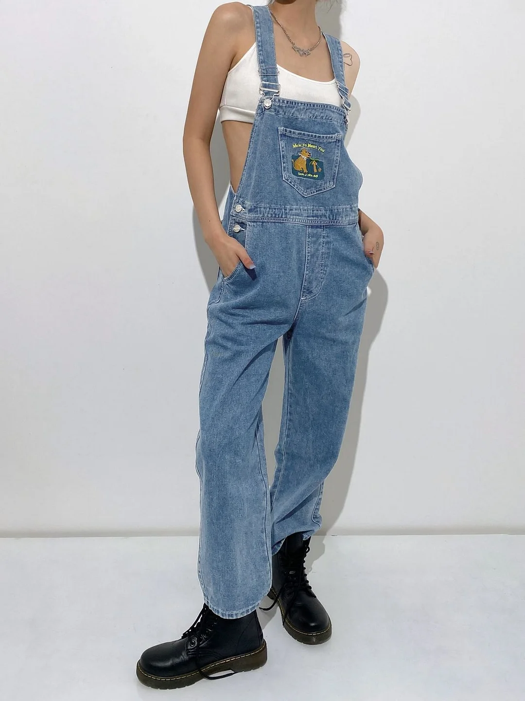Embroidered Pocket Denim Overalls Jeans