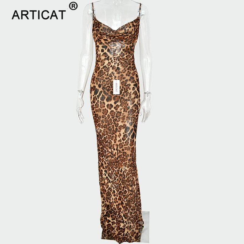 Articat Sexy V Neck Leopard Party Dress Women Spaghetti Strap Backless Slim Maxi Dress Summer Chiffon Long Beach Dress Vestidos