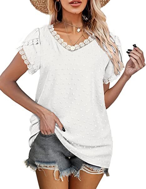 Women's V-neck T-shirt Summer Lace Petal Sleeve Dotted Blouses