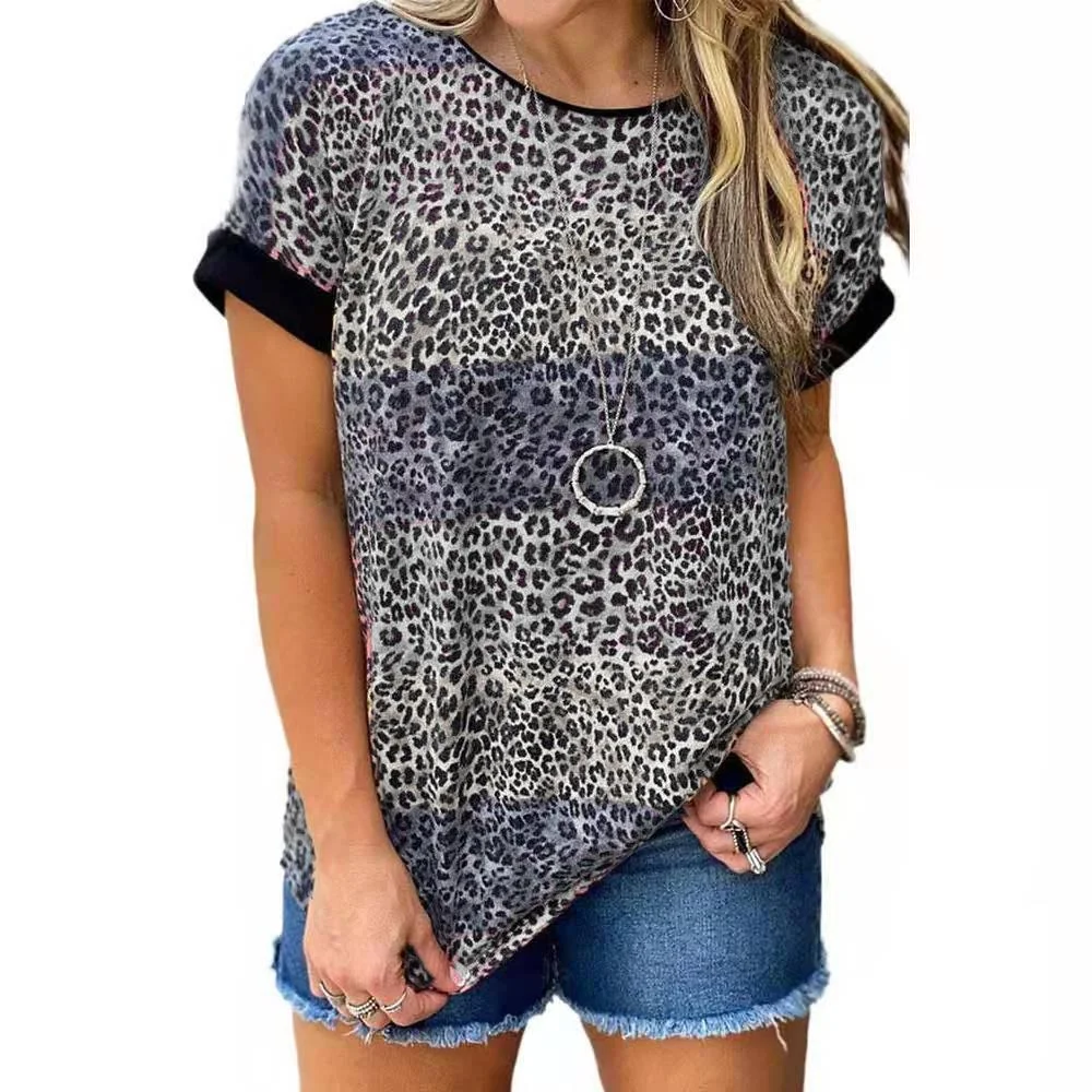 New Women's Leopard Print Round Neck Short Sleeve T-Shirt