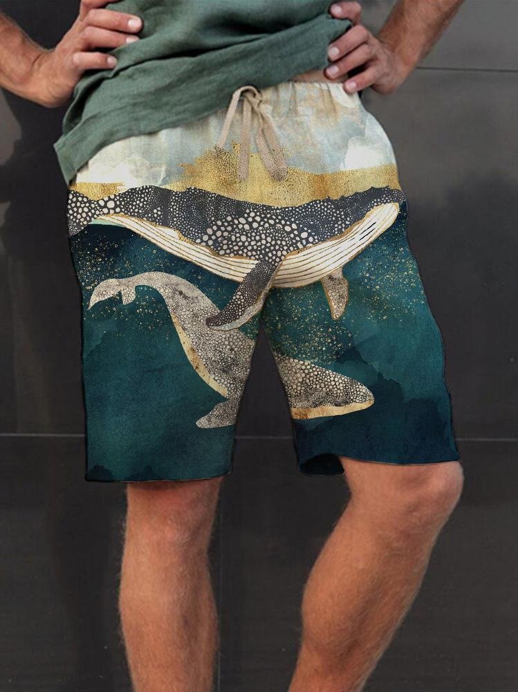 Pre-sale Men's sea whales casual cotton and linen shorts pants