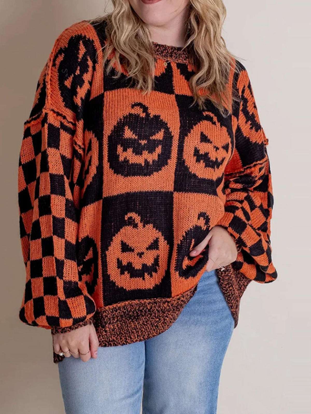 Halloween Pumpkin Checkerboard Print Crew Neck Sweater