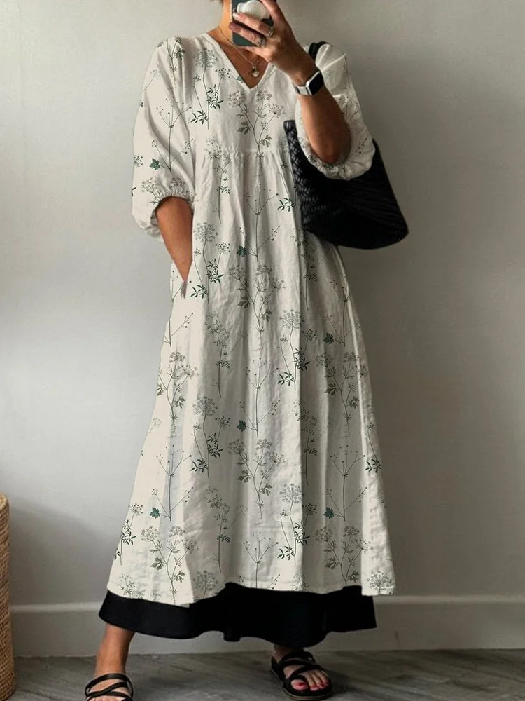 Women's Simple and Fresh Small Flowers Print Pocket V-neck Cotton Dress
