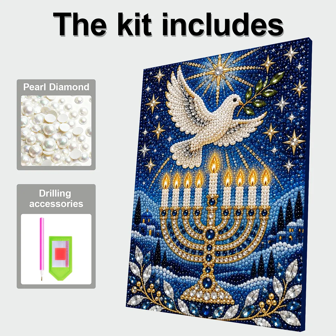 Framed Pearl Painting Kit Hanukkah Menorah Dove 11.81x15.75in