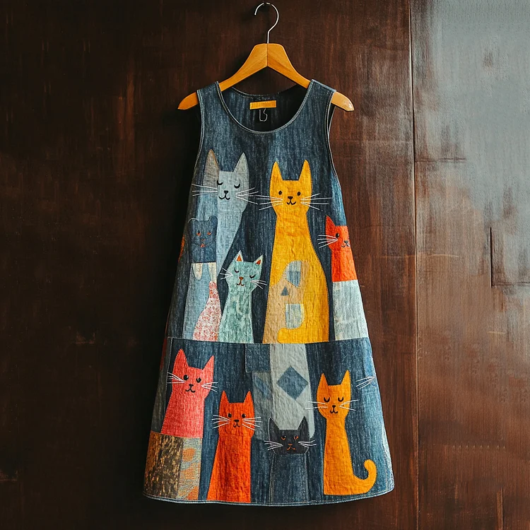 Pop Art Cat Patchwork Casual Denim Midi Dress