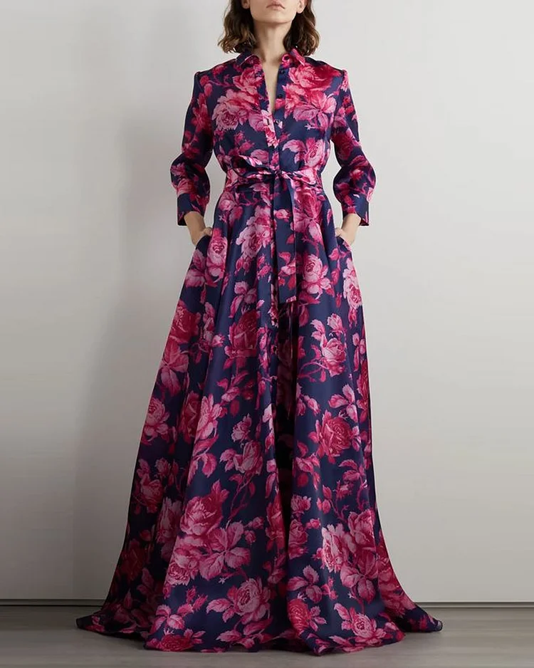 Navy Belted Floral-Print Silk-Organza Gown