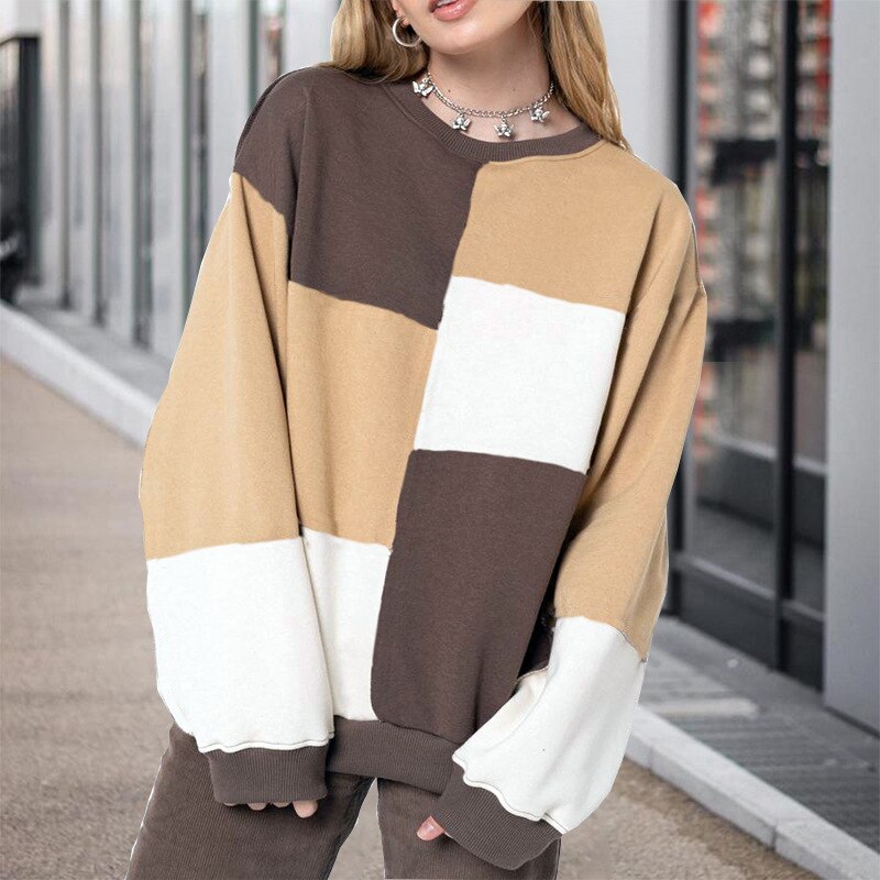 Women Elegant Office Casual Loose Patchwork Sweatshirts