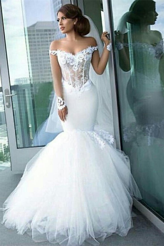 Mermaid Off-the-Shoulder Wedding Dress With Lace Appliques | Ballbellas Ballbellas
