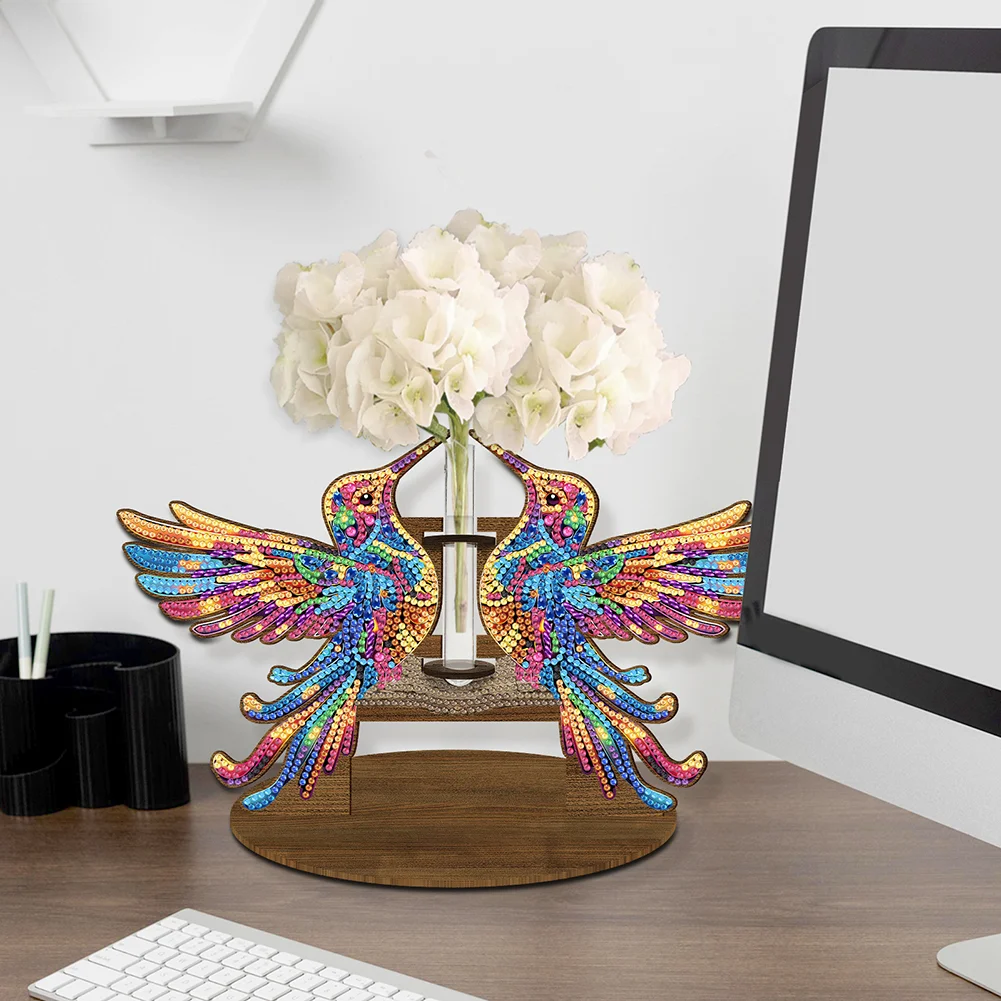 DIY Wooden Hummingbird Diamond Painting Flower Vase Ornaments for Home Office Decor