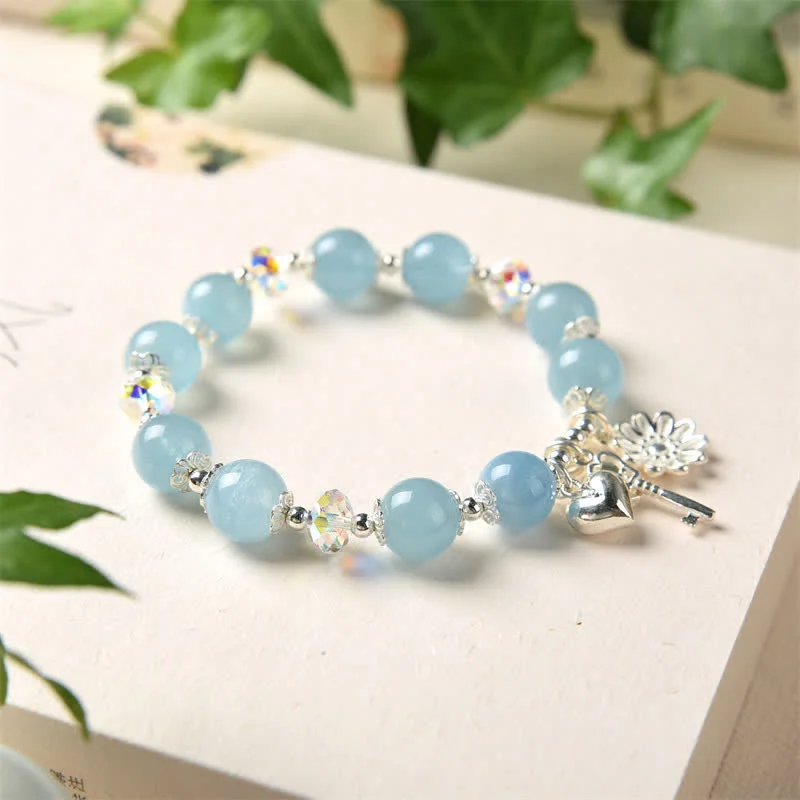 925 Sterling Silver Natural Aquamarine Serenity Flower Love Key Charm Bracelet