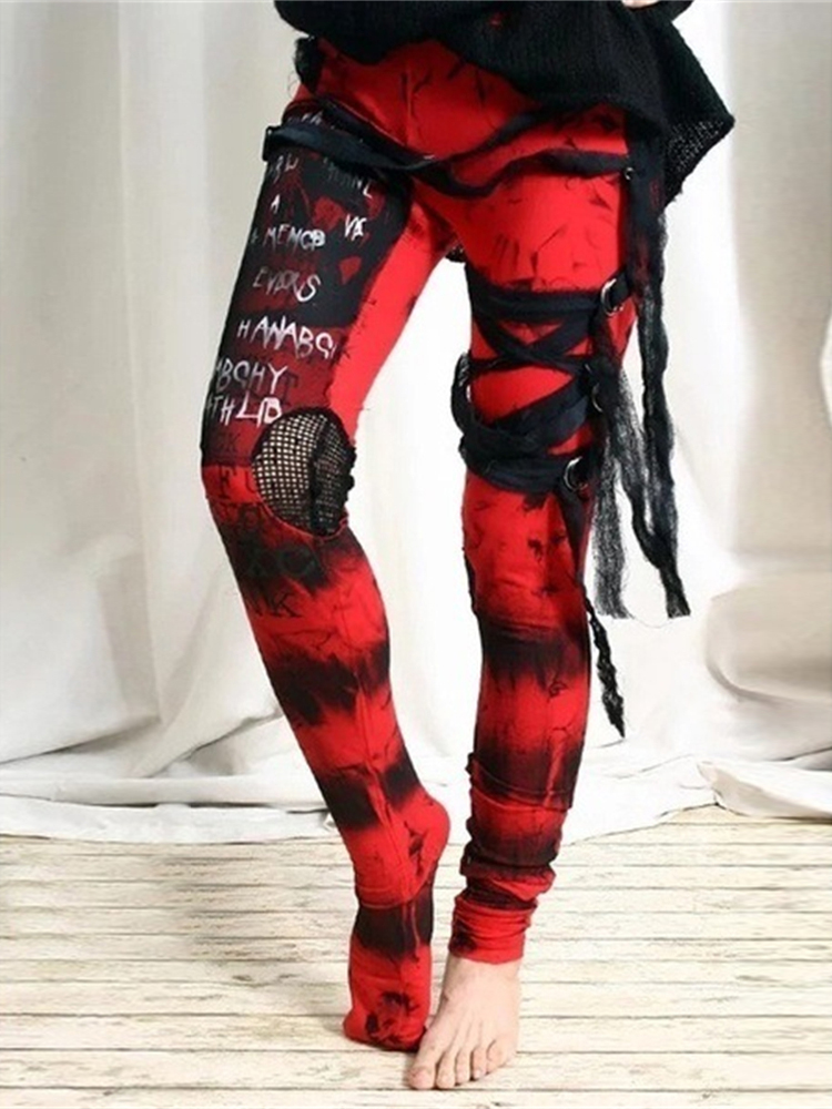 Gothic Patchwork Frayed Laced Leggings wearshes