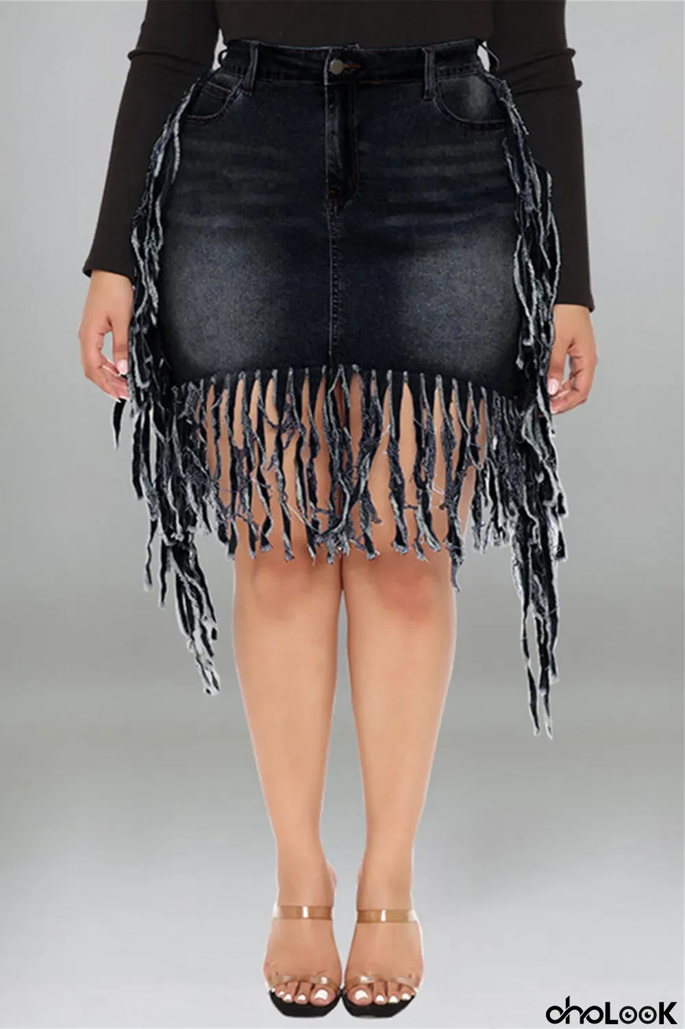 Black Fashion Casual Solid Tassel Plus Size Denim Skirt
