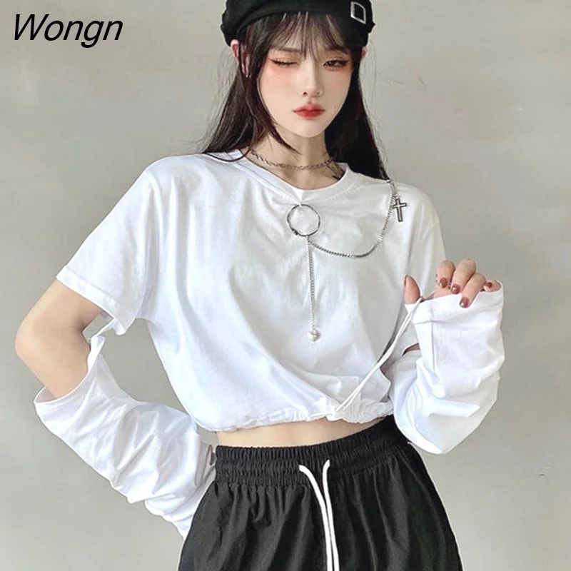 Wongn T-shirts Women Removable Sleeve Sequined Chain Japanese Style Harajuku Trendy Goth Y2k Female Crop Top Hot Sale Popular