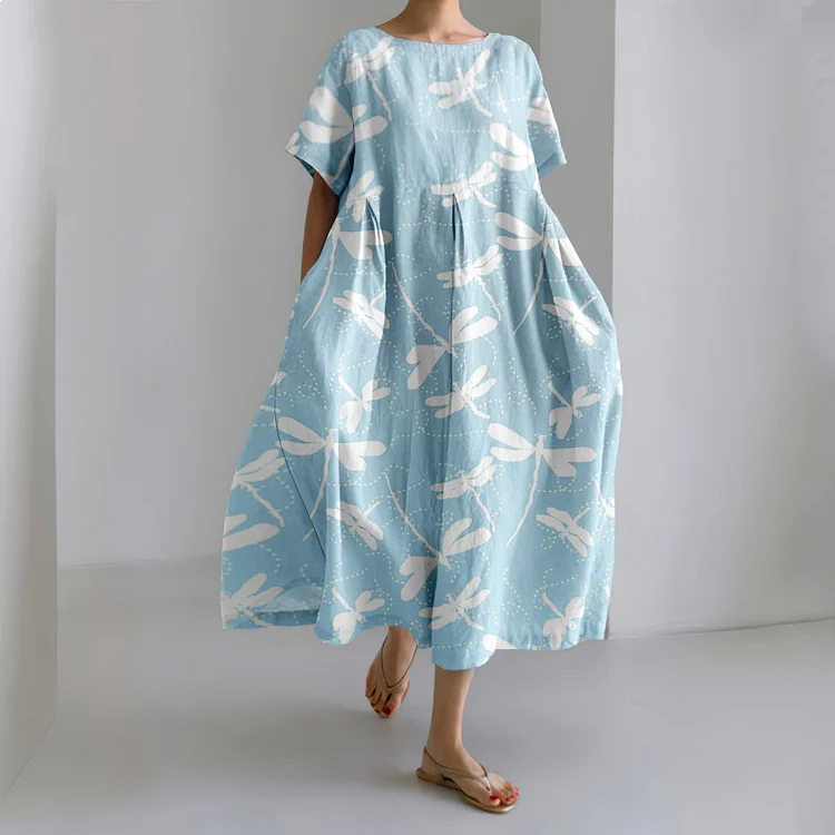 Japanese Dragonfly Dancers Art Linen Blend Casual Dress