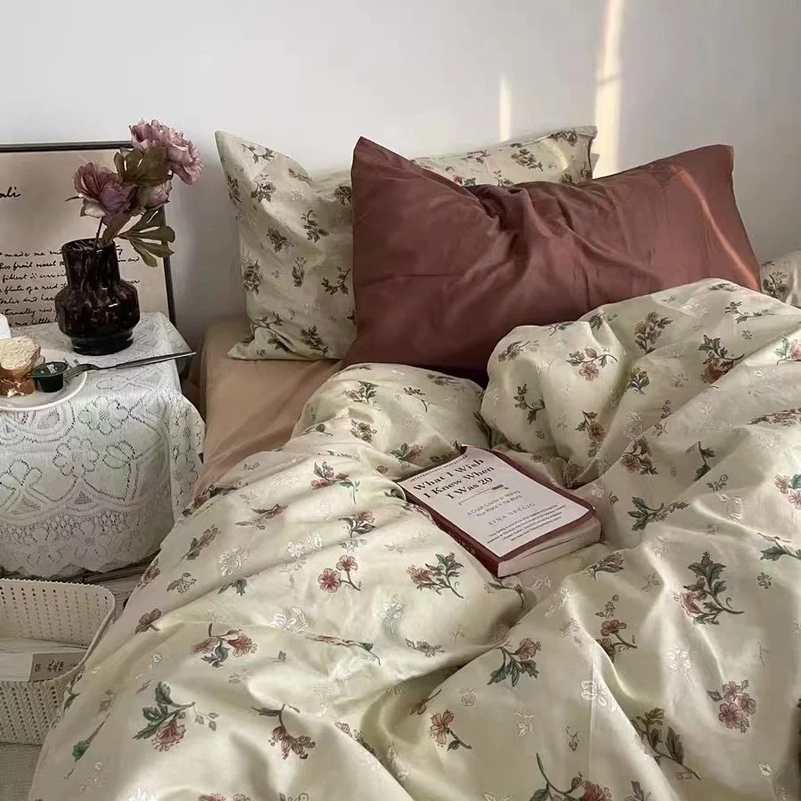 Aonga Ins Style Cotton Bedding Set Vintage Floral Fitted Sheet Duvet Cover Pillowcase Full Queen Boy Girls Dormitory Bedclothes Gift aonga