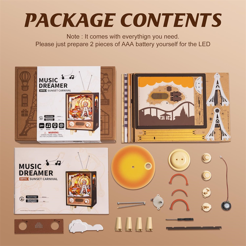 Tegooe 3D Wooden Puzzle Music Box Kit - Sunset Carnival Model with LED Light