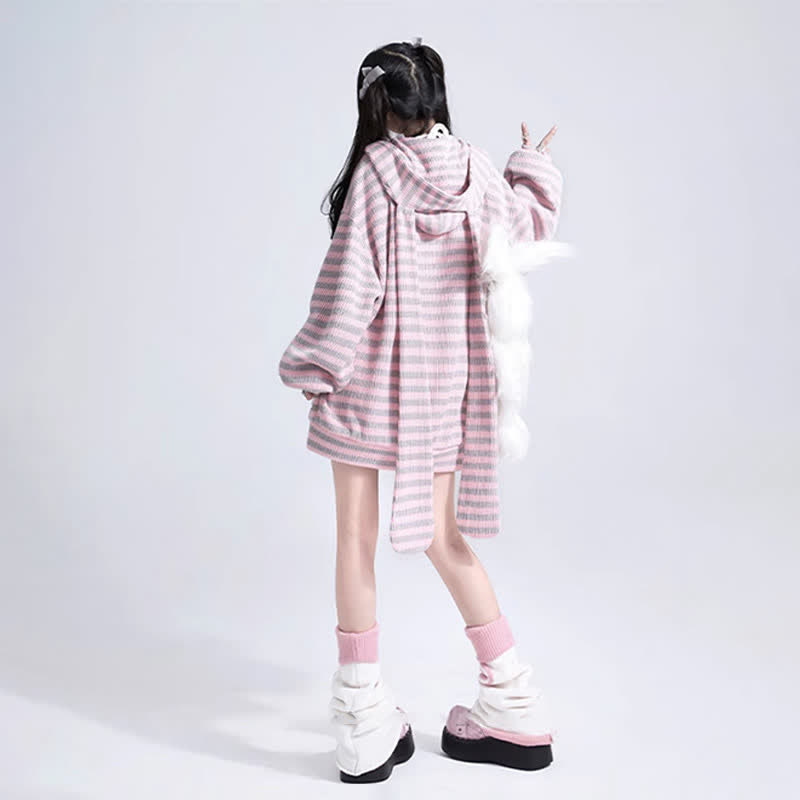 Long Bunny Ears Pocket Oversize Zipper Hooded Sweatshirt