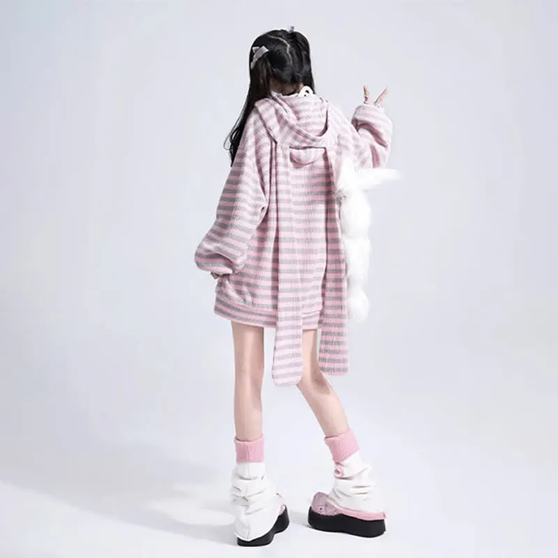 Long Bunny Ears Pocket Oversize Zipper Hooded Sweatshirt