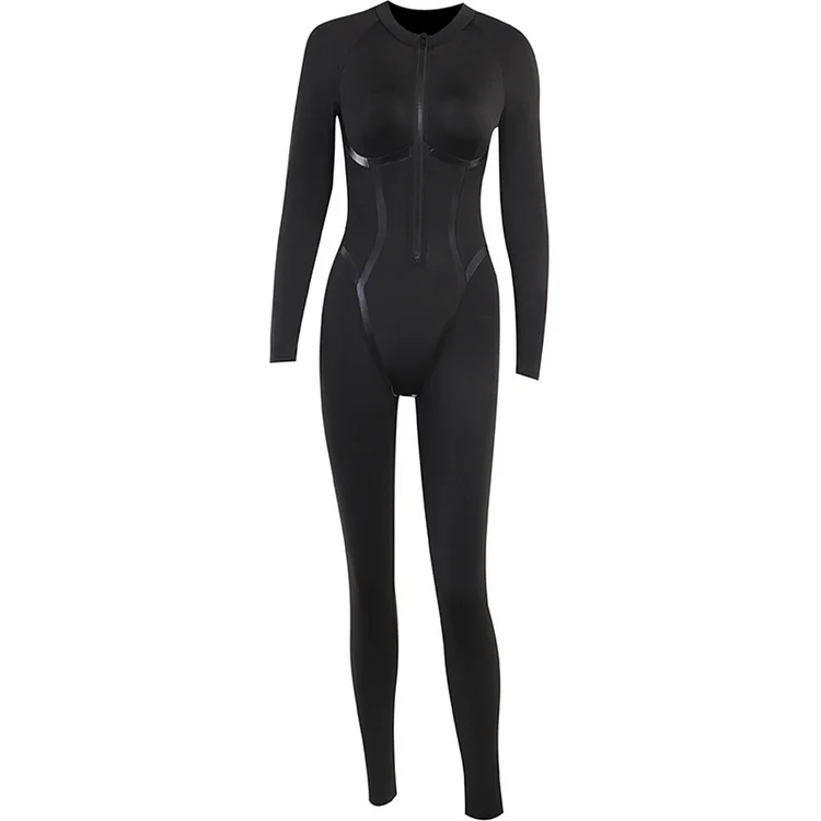 Fashion Sports Leather Ribbon Split Line Long Sleeve Zipper Skinny Hip Raise Jumpsuit
