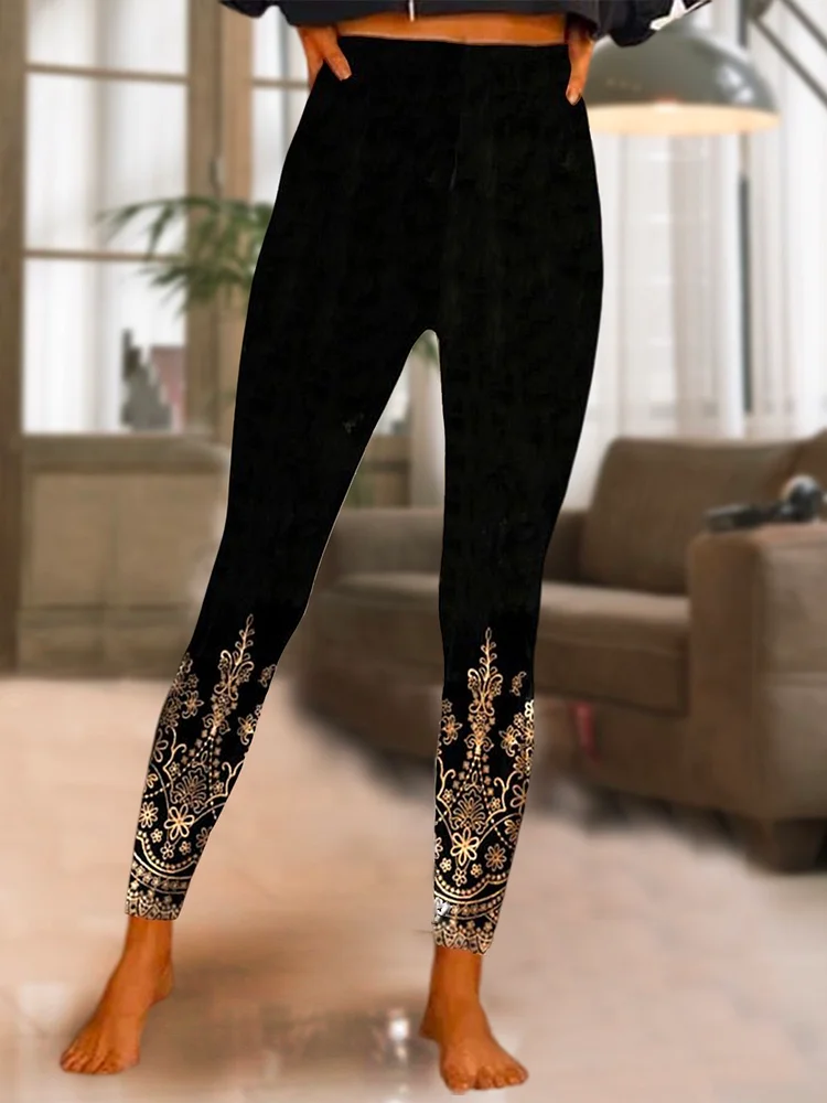 Women Ethnic Autumn Vacation Polyester Natural Daily Loose Legging H-Line Leggings