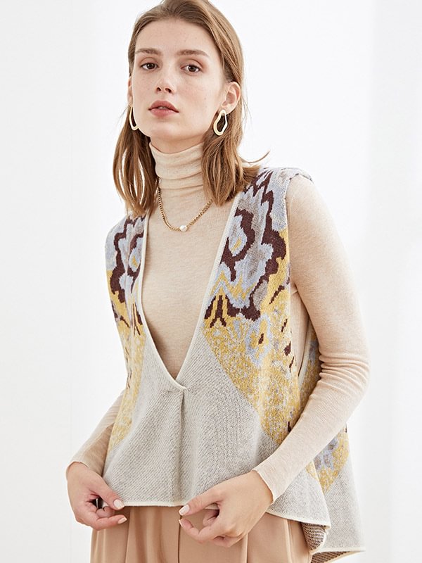 Casual Wool Vintage Jacquard V-Neck Sleeveless Knitted Sweater Vest Outwear