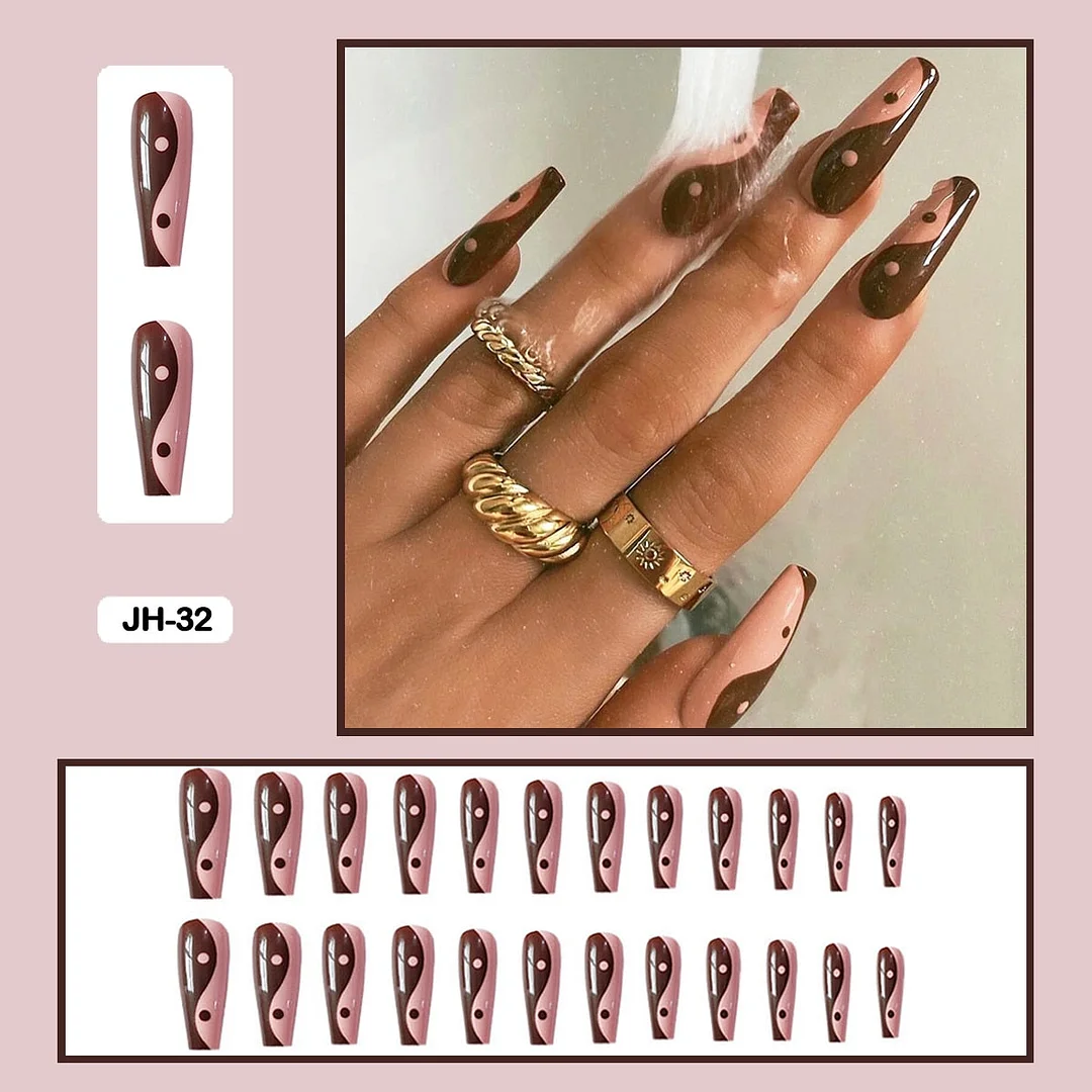 24pcs/box Long Trapezoid Fake Nails Geometric Simplicity Personality Graffiti Animal Pattern Nail Art Nails Press on With Glue-Nail Inspo