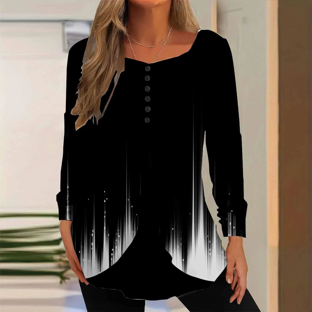 Women Striped,Black DZGG8330 Long Sleeve Scoop Neck Printed Graphic Button Fake 2in1 Tops