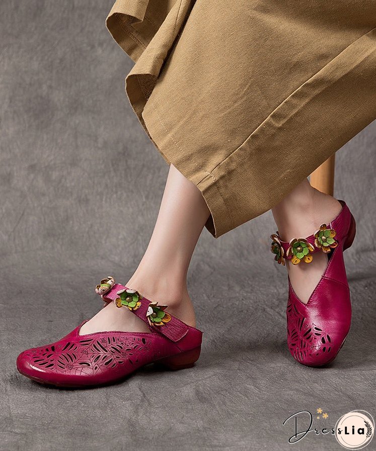 Vintage Purple Hollow Out Floral Cowhide Leather Slide Sandals