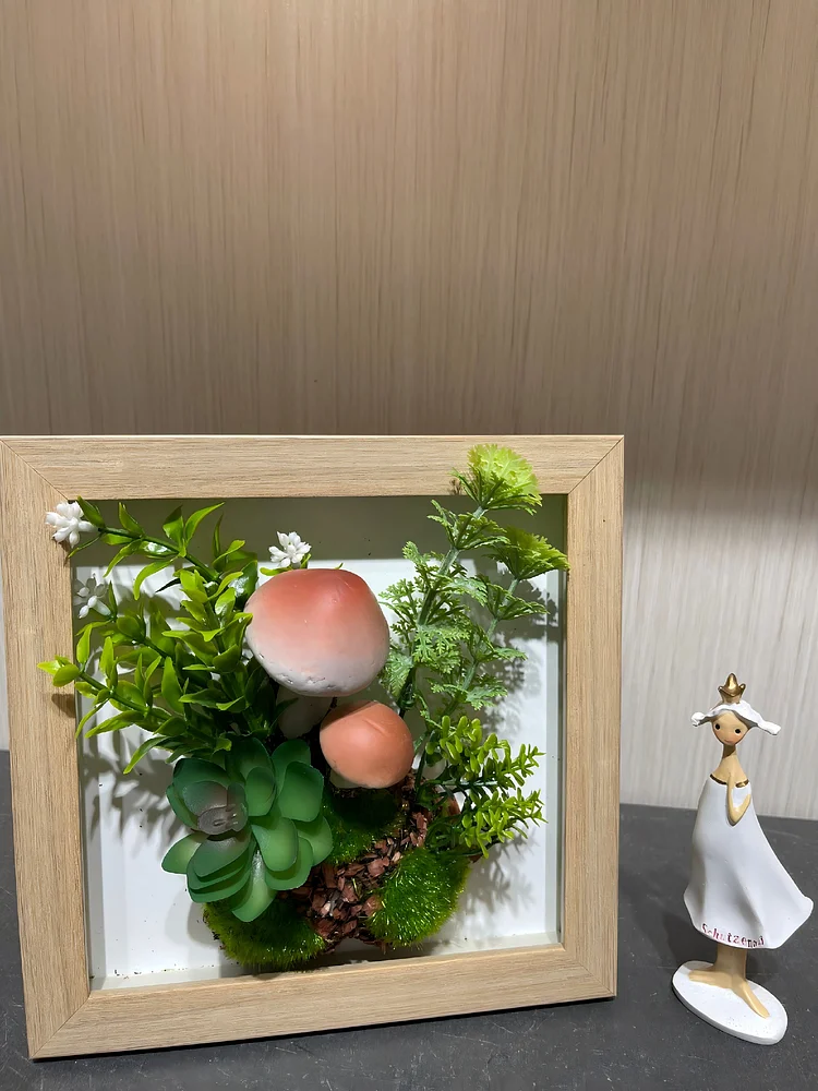 Artificial Mushroom & Succulent Framed Botanical Art | Faux Woodland Shadow Box D&eacute;cor, 7.8*7.8 in