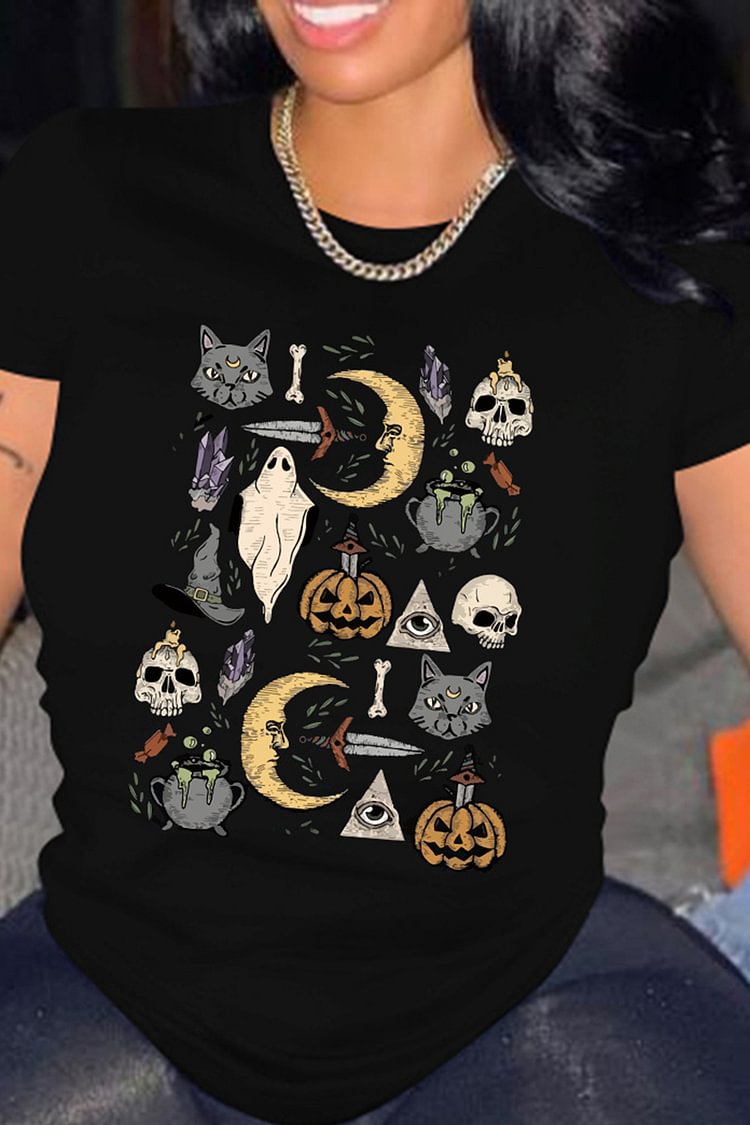  Plus Size Halloween Casual Black Skull Pumpkin Print O Neck T-Shirt