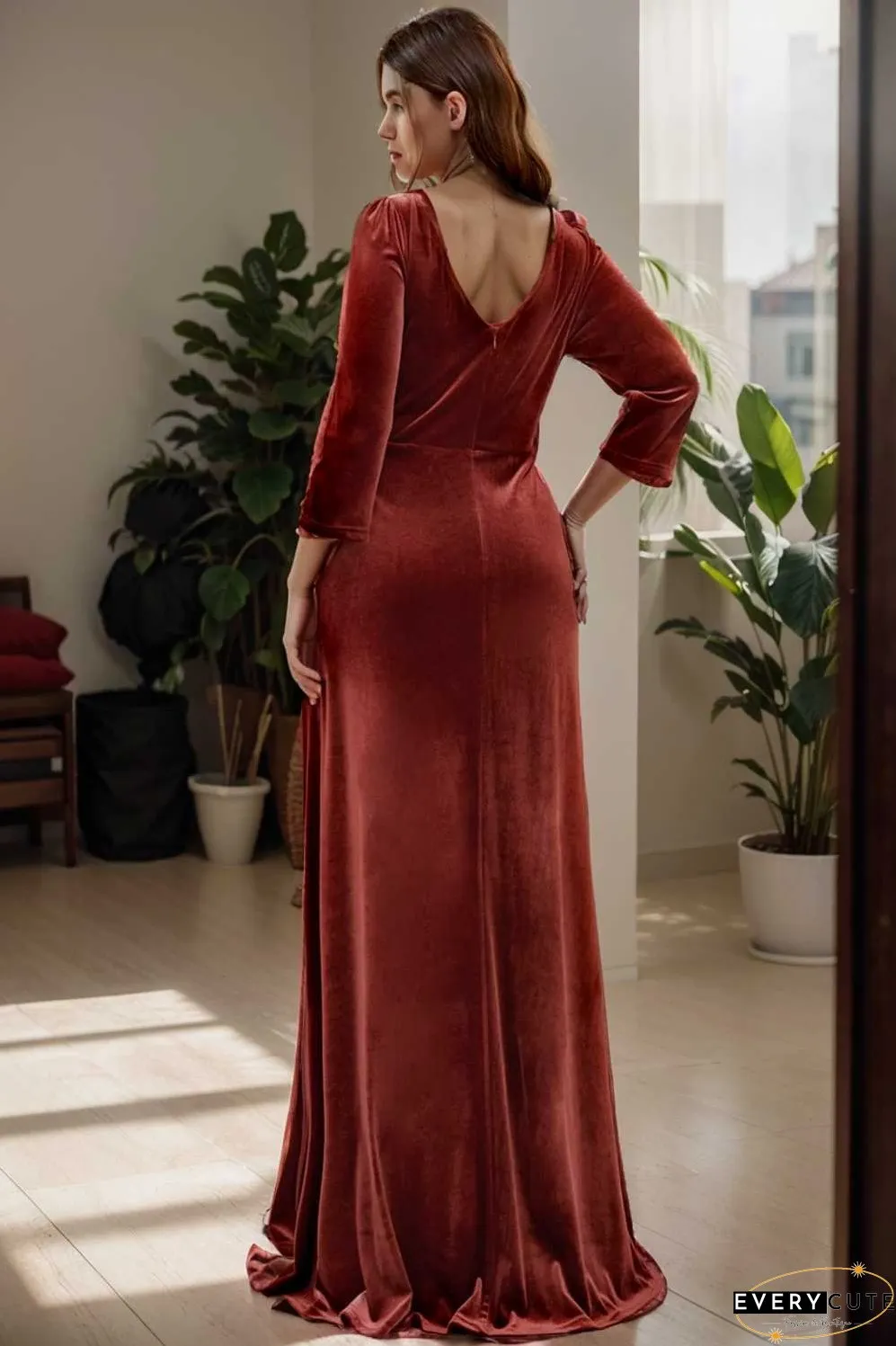 velvet 3 4 length sleeve illusion v neck front slit evening dress