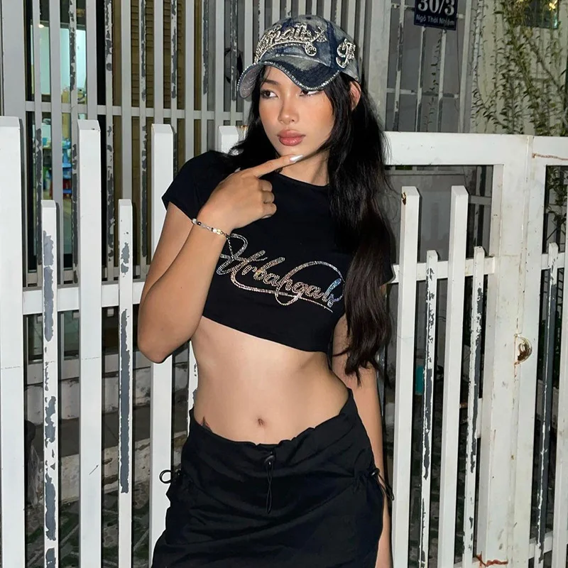 Churchf 2024 Round Collar Hot Diamond Letter Babes Short Top In Niche Summer Fashion Casual T-Shirt Girl