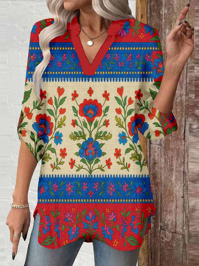 Women Floral, Red, Blue DZGA0198 3/4 Sleeve V-neck Printed Graphic Button Tops