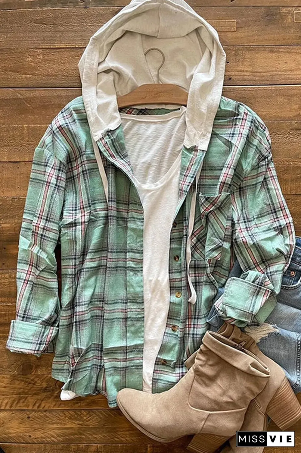 Flannel Plaid Button Down Hoodie Top
